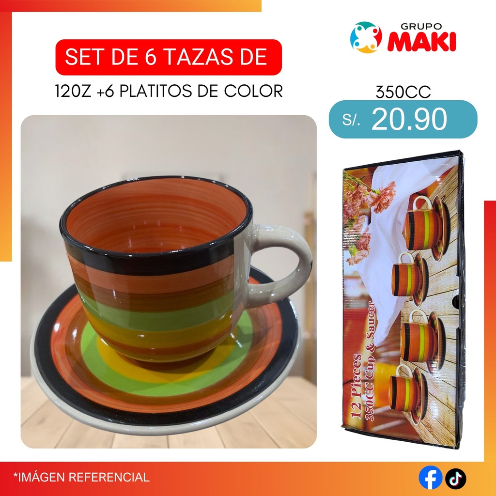 (3)SET DE 6 TAZAS DE 120Z +6 PLATITOS DE COLOR 28/04